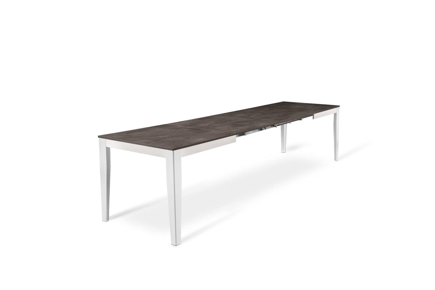 Ausziehbarer Tisch aus grauem Metall und weißem Beton, 80 cm x 130–290 cm, H. 76 cm