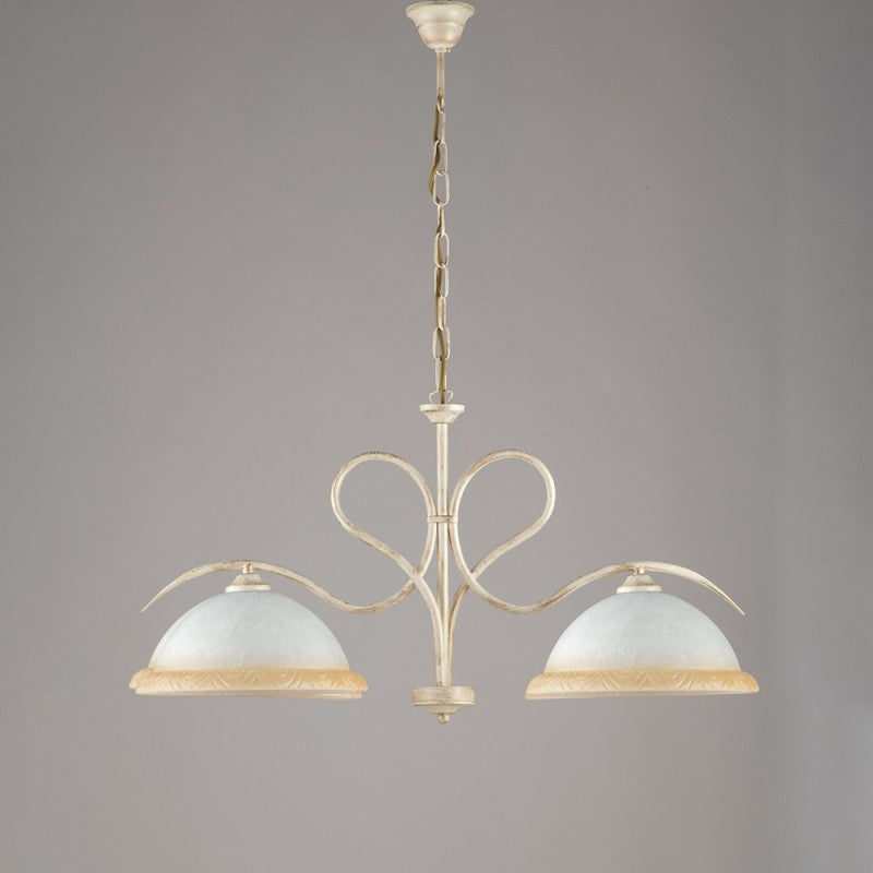 Kronleuchter aus elfenbeingoldenem Eisen mit zwei Lichtern aus weißem und bernsteinfarbenem Glas, 79 x H43 cm