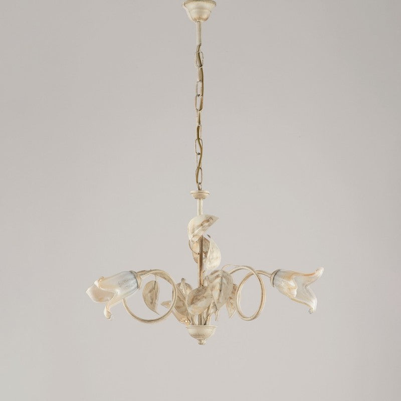 Kronleuchter aus Eisen, Elfenbein, Gold, Glas, Weiß, Bernstein, drei Lichter, 58 x H43 cm