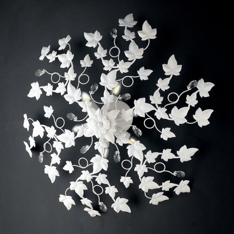 Shabby-Deckenleuchte aus Eisen mit sechs Lichtern, weiße Kristall-Strasssteine, 80 cm Efeu