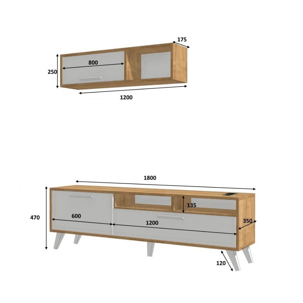 Schlanker TV-Ständer D2306TV180M109 Weißeiche 180x35x47h