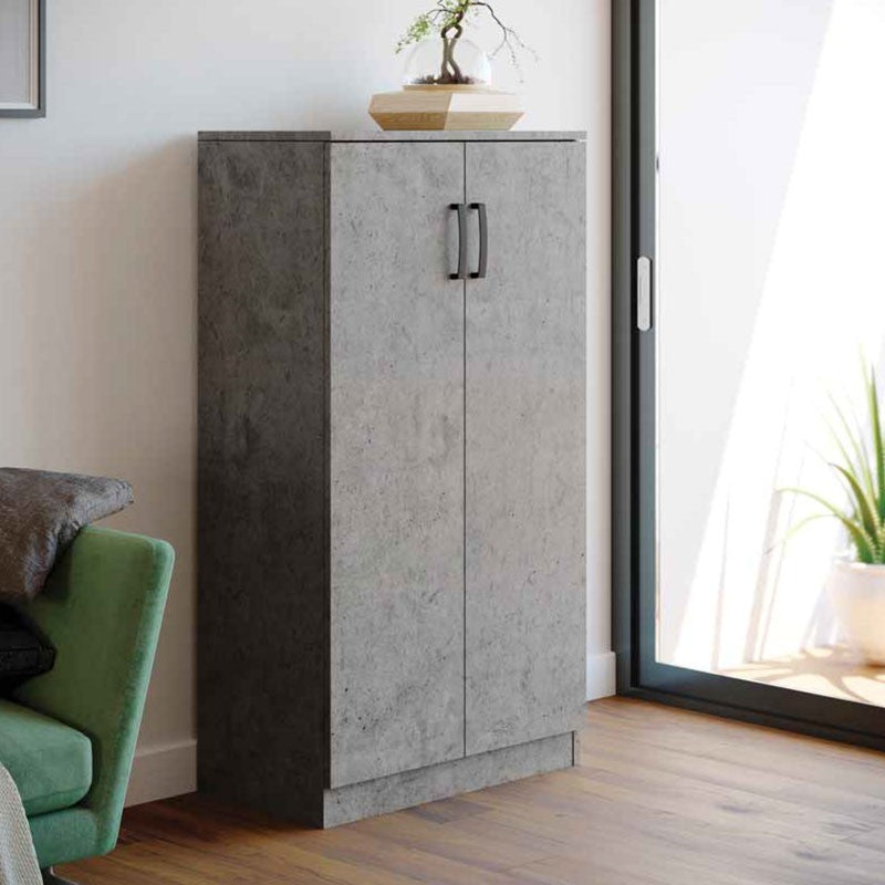 Mehrzweck-Schuhschrank aus zementgrauem Melaminholz, 2 Türen, H130 x 71 x 38 cm