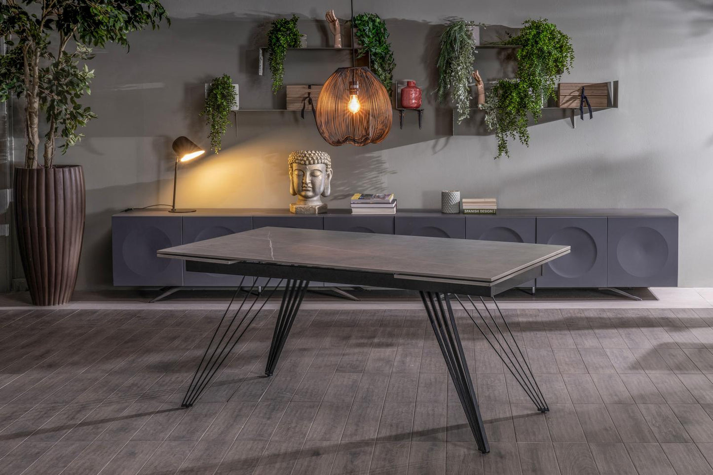 Ausziehbarer mattgrau-schwarzer Tisch 90 cm x 160-240 cm cm H. 76 cm