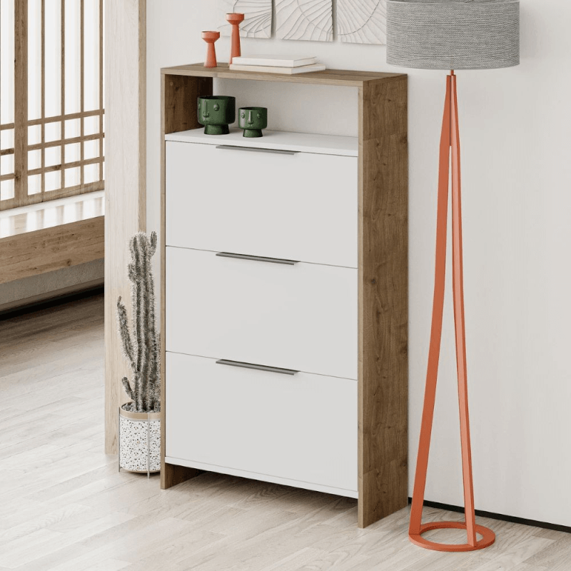 Kaju Schuhregal mit 3 weißen Falttüren und Walnussstruktur