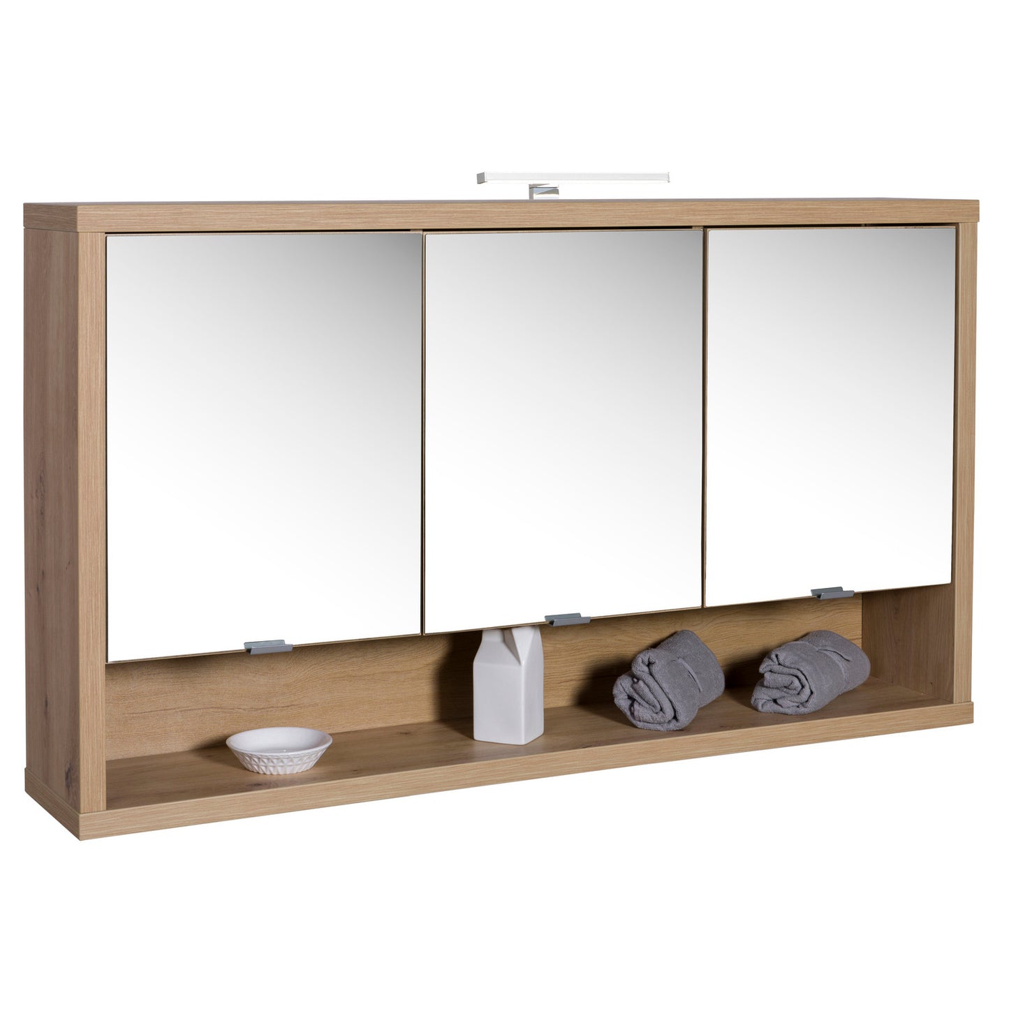 Specchiera Pensile con 3 Ante e 1 Vano, Luce LED, Dimensioni: 70x123x22 cm