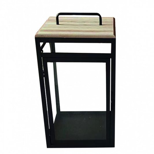 Lanterna in Metallo Nero con Top in Legno e Vetri - 20x20 cm - H. 39