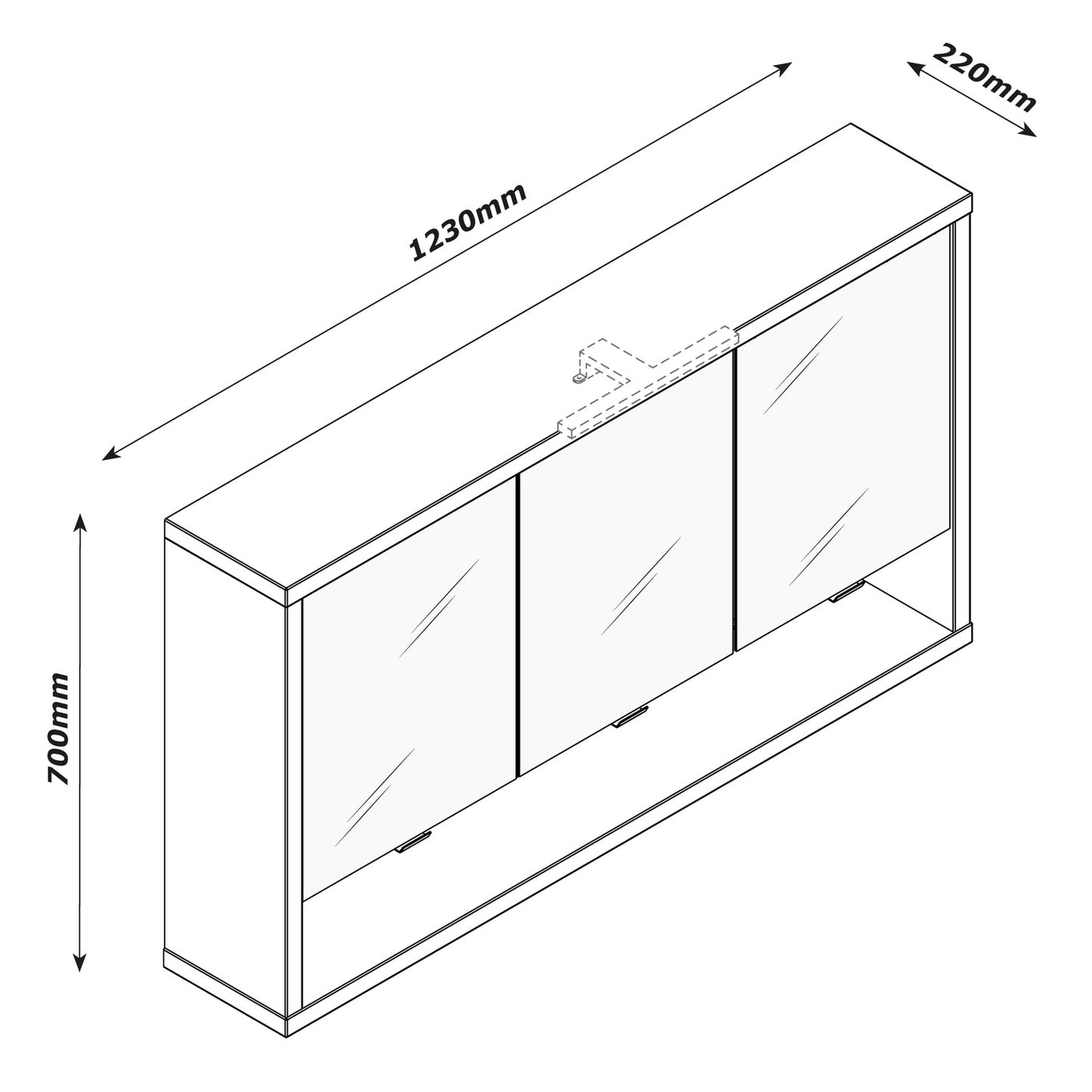 Specchiera Pensile con 3 Ante e 1 Vano, Luce LED, Dimensioni: 70x123x22 cm