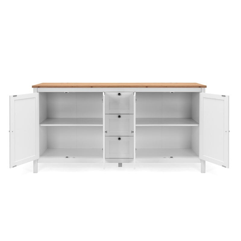(2c) Mobile credenza 4 ante 3 cassetti bianco con top rovere 180x40xh.90 cm (BERGEN51BI) EFFEZ