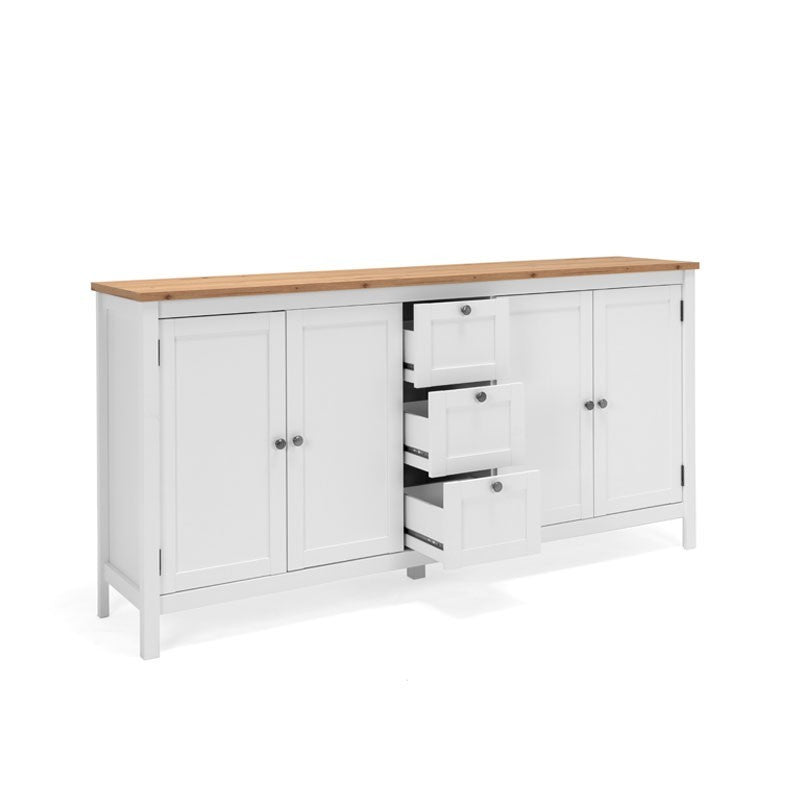 (2c) Mobile credenza 4 ante 3 cassetti bianco con top rovere 180x40xh.90 cm (BERGEN51BI) EFFEZ