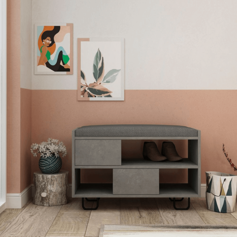 Retro-Schuhbank Troy in Grau mit Kissen