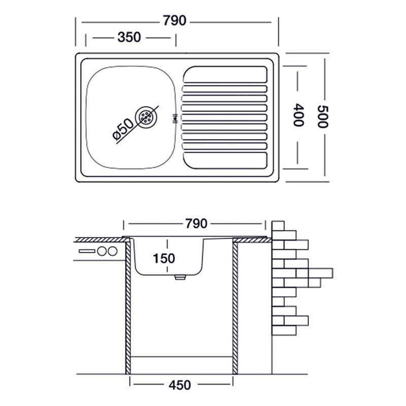 Eingebautes Küchenspülbecken aus Edelstahl mit Abtropffläche links, 50 x 79 cm