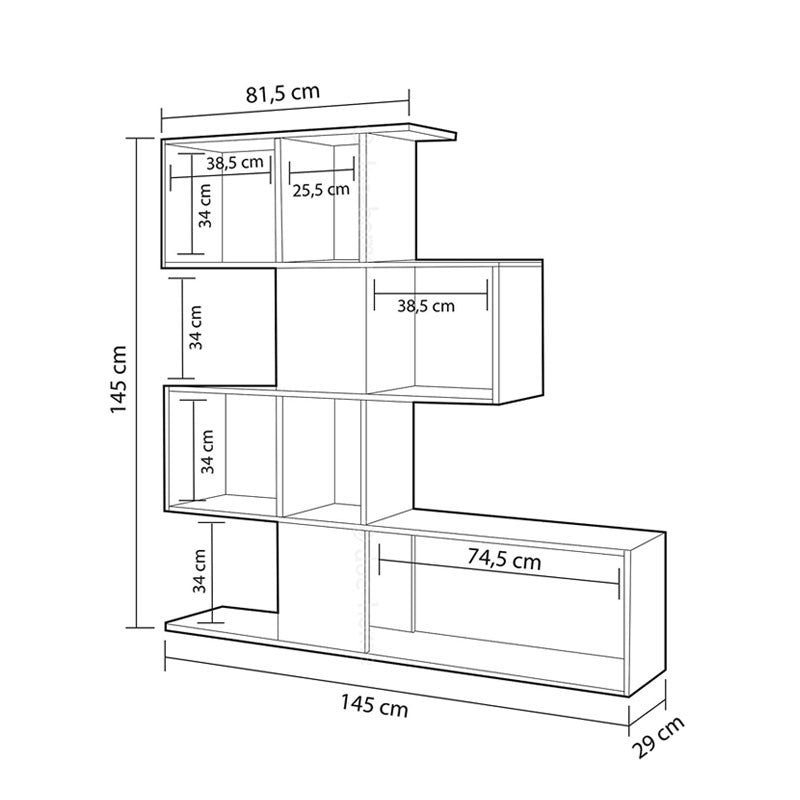 Regal Bücherregal 4 Ebenen 9 Fächer weiß und Eiche 145x29xh.145 cm