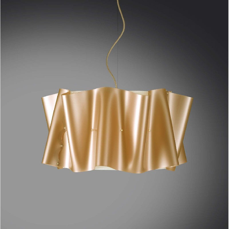 Hängender Kronleuchter mit fünf Lichtern, FOLIO-Lampenschirm aus Polilux-Gold, Durchmesser 60 x H32 cm