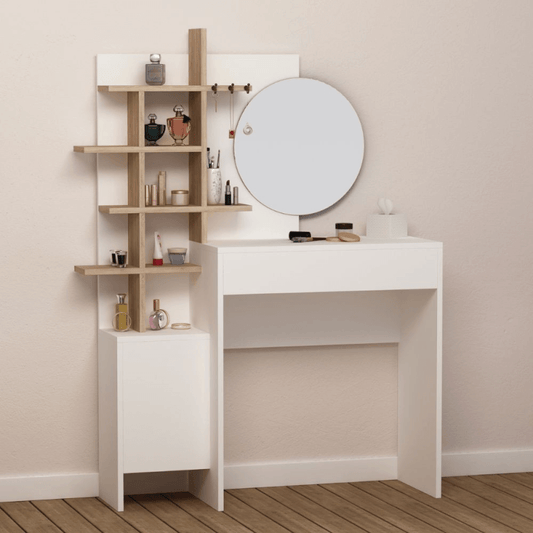 Weiße Mup-Make-up-Toilette mit offenen Fächern aus Eichenholz