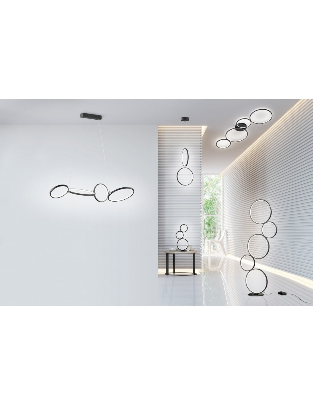 Deckenleuchte Rondo, 4 schwarze LED-Kreise, L97 cm, Trio-Beleuchtung