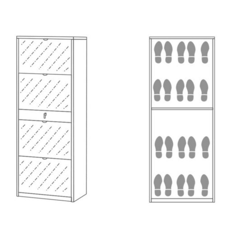 Schuhregal mit vier Spiegeltüren und einer Schublade aus Beton Cemento 63x29x h164 cm