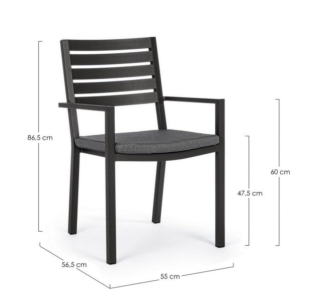 4x anthrazitfarbener Stuhl mit Armlehne und Kissen aus Aluminium im Industriestil