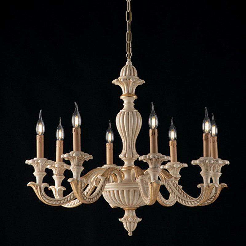 Elfenbein Holz und Blatt Kronleuchter Gold acht Leuchten 80x h70 cm