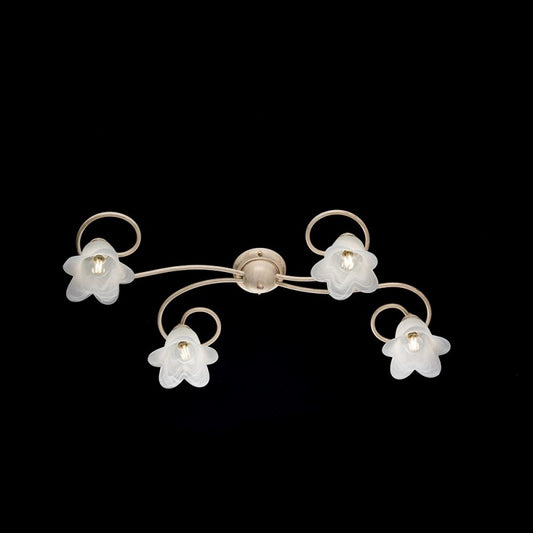 Blumen-Deckenleuchte aus elfenbeingoldenem Eisen mit vier Lampenschirmen 87x40x H17 cm