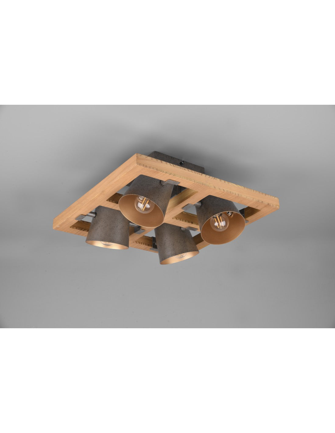 Quadratische Deckenleuchte mit 4 verstellbaren Spots aus Holz und vernickeltem Metall. Bell Trio Lighting