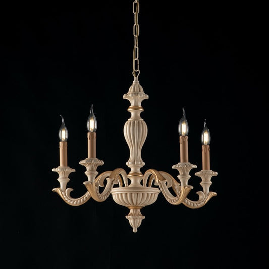Kronleuchter aus Holz aus Elfenbein und Blattgold, fünf Lichter, 53 x H57 cm