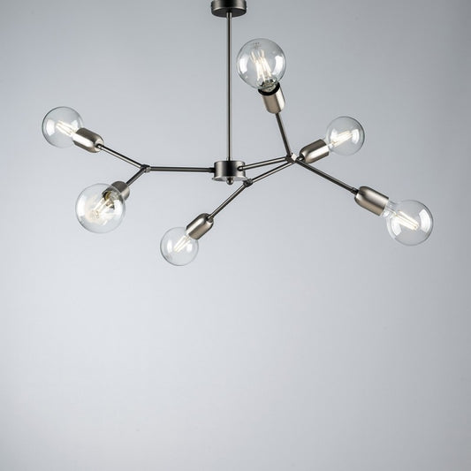 Schwarzer, satinierter Chrom-Eisen-Kronleuchter mit sechs Lichtern, 71 x H64 cm, industriell