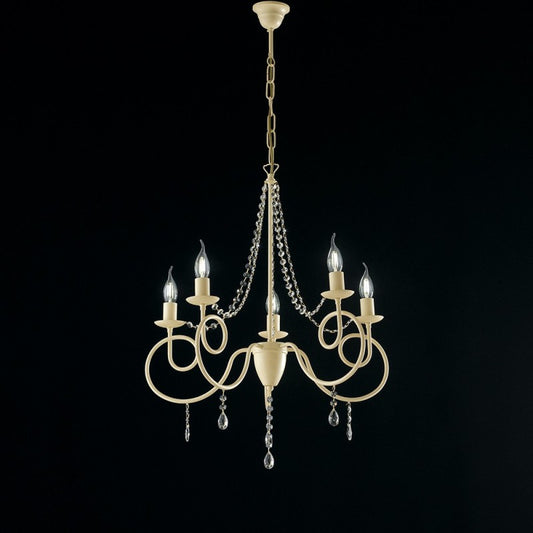 Kronleuchter aus elfenbeinfarbenem Eisen mit fünf Lichtern, eingelegter Verzierung und Strasssteinen, 58 x H72 cm