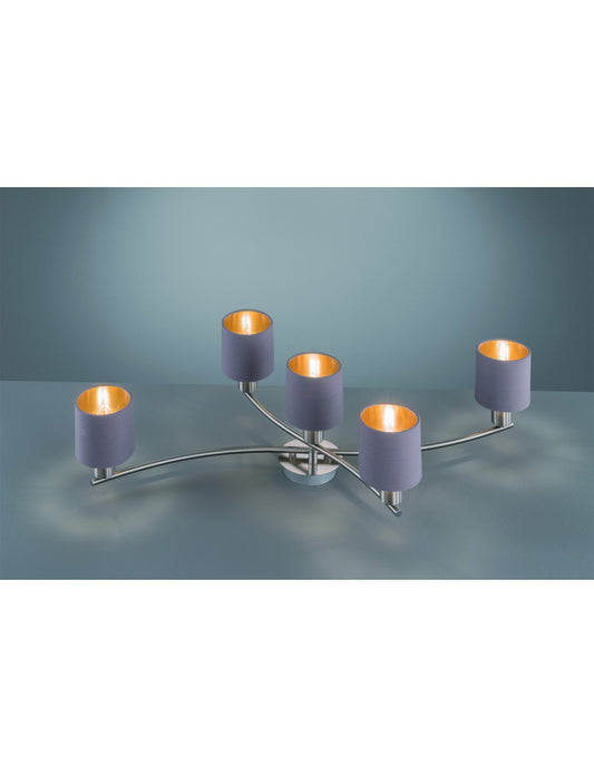 Deckenleuchte Garda Nichel mit 5 Lampenschirmen aus goldfarbenem, taubengrauem Stoff, L75 cm, Trio Lighting