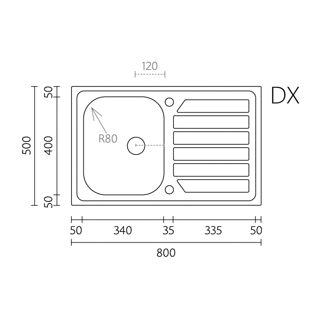 Einbauspüle aus Edelstahl 80x50 cm mit Abtropffläche rechts