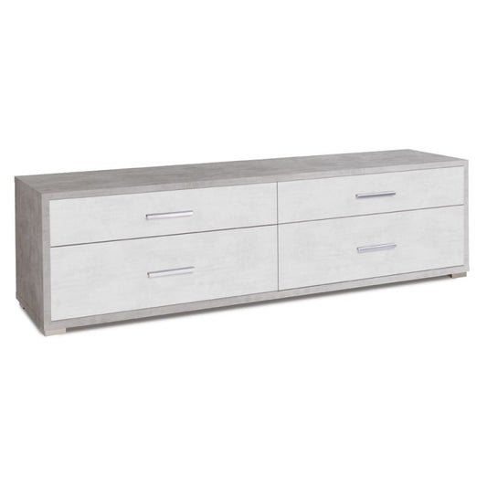 Niedriger TV-Schrank aus Holz mit vier Schubladen aus weißem Zement, 179 x 47 x 50 cm