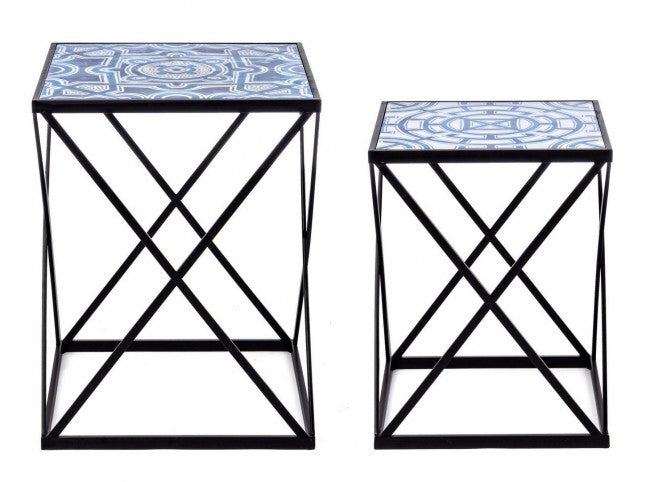 Set mit 2 Couchtischen NEAPOLIS aus Stahl mit MDF-Platte, verziert mit Aufdruck, 55 x 47 cm