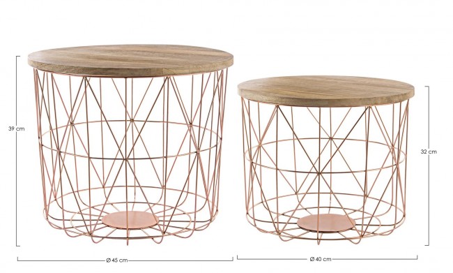 Set aus 2 Couchtischen mit Behälter und Kupfergeflecht