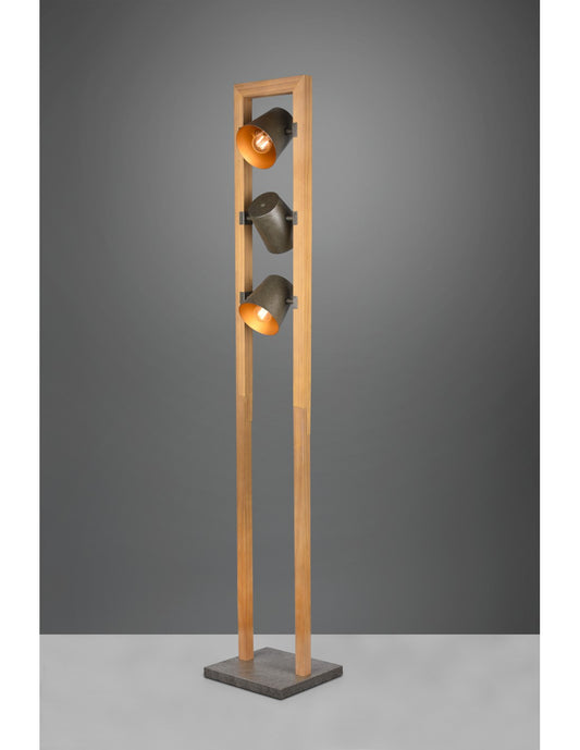 Vintage-Stehlampe aus Holz, 3 verstellbare Kegelspots, Metall-Nickel-Glocken-Trio-Beleuchtung