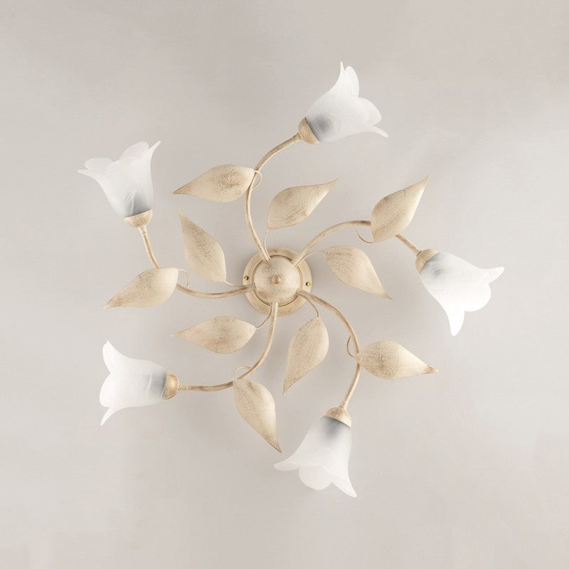 Deckenleuchte aus elfenbeingoldenem Eisen mit fünf Lichtern aus weißem Alabasterglas, 70 x H20 cm