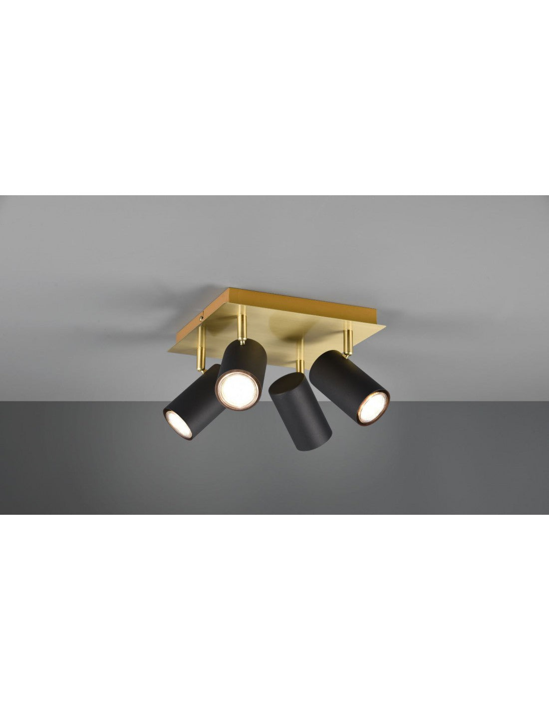 Marley Spotlight Gold Square Plate 4 verstellbare schwarze zylindrische Spots Trio Lighting