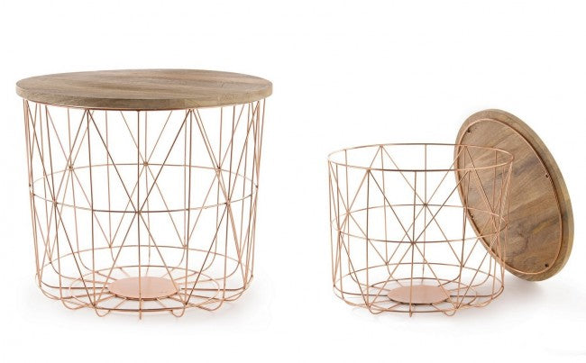 Set aus 2 Couchtischen mit Behälter und Kupfergeflecht