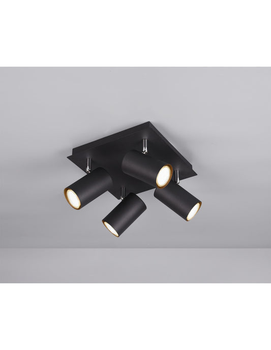 Plafoniera Quadrata 4 Spotti Orientabili Marley Nero Trio Lighting