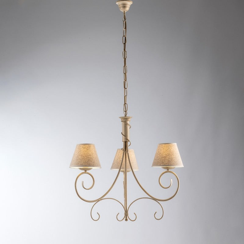 Wiener Kronleuchter aus Eisen, elfenbeinfarben und goldfarben, dreiflammig, Lampenschirme mit Stoffeffekt, 52 x 58 cm