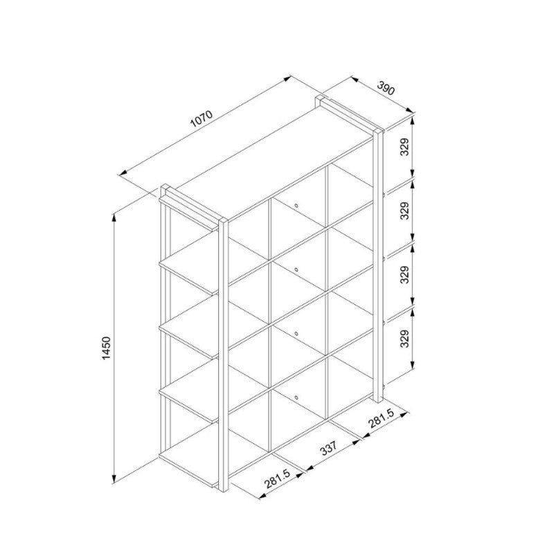 Würfelförmiges Bücherregal aus Eiche mit anthrazitfarbenen Profilen, 107 x 39 x H. 145 cm