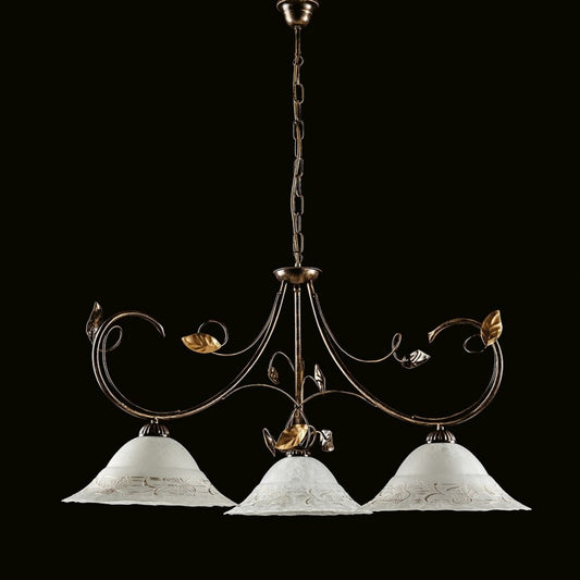 Braungoldener Kronleuchter aus Eisen, drei Lichter, Lampenschirme aus weißem Glas, 79 x H54 cm