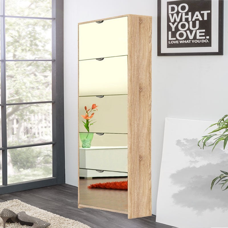 Schuhregal mit 5 verspiegelten Klappen, Struktur aus Sonoma-Eiche, 58x17xh.177 cm