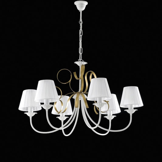 Klassischer Eisenkronleuchter Weiß Shabby Gold Lampenschirme sechs Leuchten 83x h50 cm