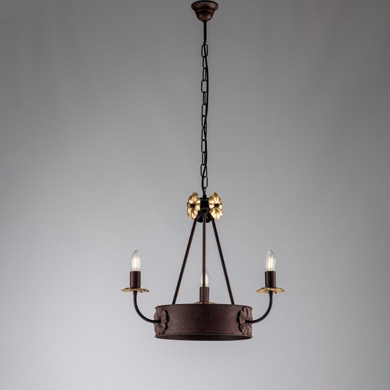 Rostiger schwarzer Eisenkronleuchter mit Empire-Gold-Finish, drei Lichter, 44 x H48 cm