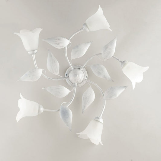 Deckenleuchte aus weiß-silbernem Eisen mit fünf Lichtern aus weißem Alabasterglas 70x h20 cm