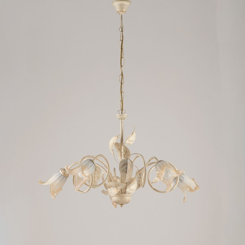 Kronleuchter aus Eisen, Elfenbein, Gold, Glas, Weiß, Bernstein, fünf Lichter, 73 x H43 cm