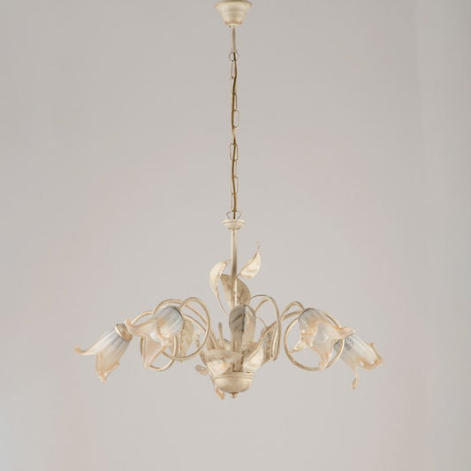 Kronleuchter aus Eisen, Elfenbein, Gold, Glas, Weiß, Bernstein, fünf Lichter, 73 x H43 cm