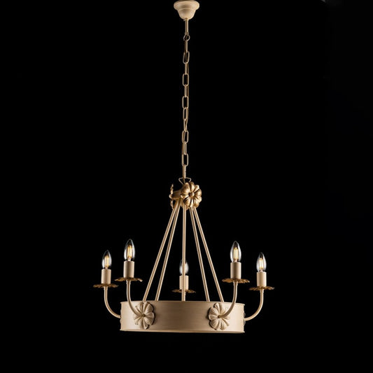 Elfenbeinfarbener Decape-Kronleuchter aus Eisen mit Empire-Gold-Finish, fünf Lichter, 59 x H52 cm