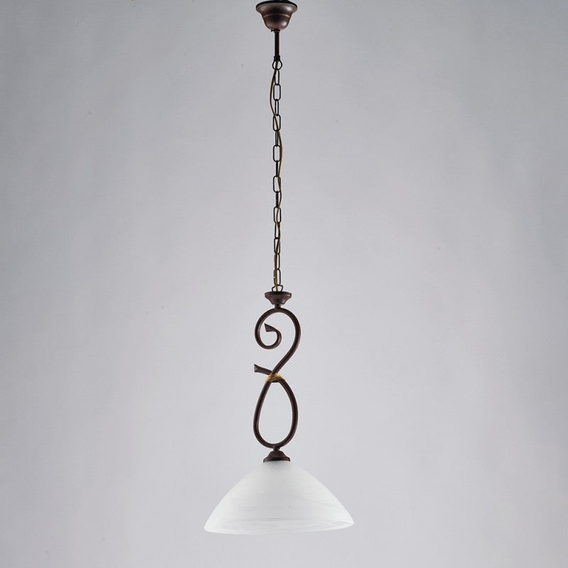 Kronleuchter aus rostschwarzem Eisen, Lampenschirm aus weißem Alabasterglas, 30 x 52 cm