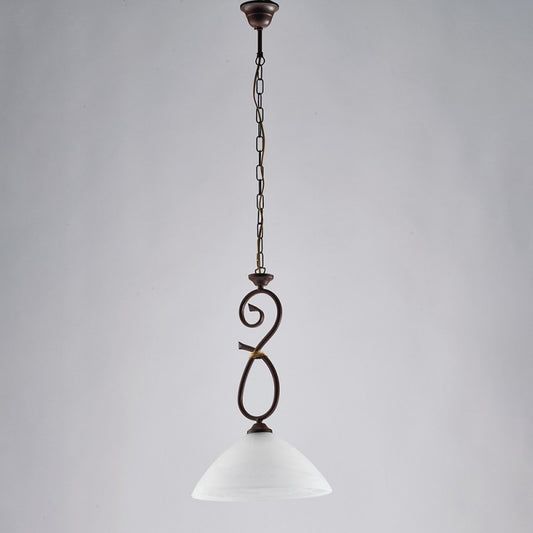 Kronleuchter aus rostschwarzem Eisen, Lampenschirm aus weißem Alabasterglas, 30 x 52 cm