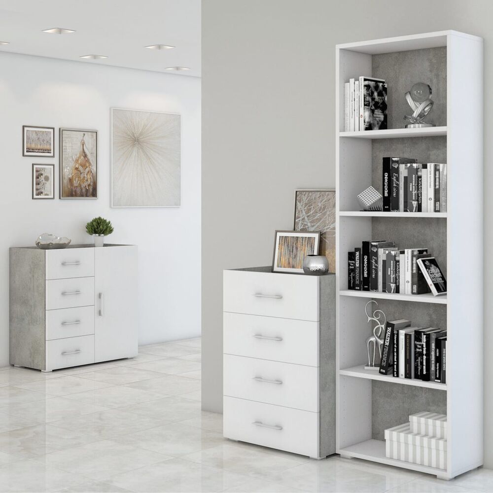 Kompaktes Bücherregal mit fünf verstellbaren Regalen, weiß, Betonhintergrund